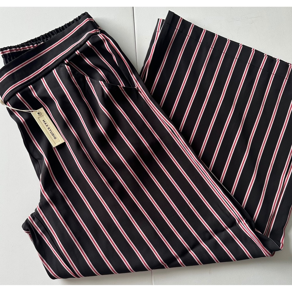 Max Studio Womens Wide Leg Striped Pants Black Red Elastic Waist M